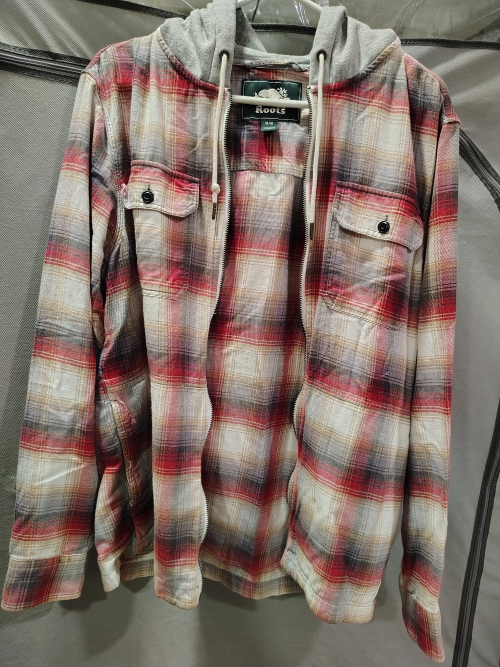 Roots Men's Red Plaid Hooded Shirt
